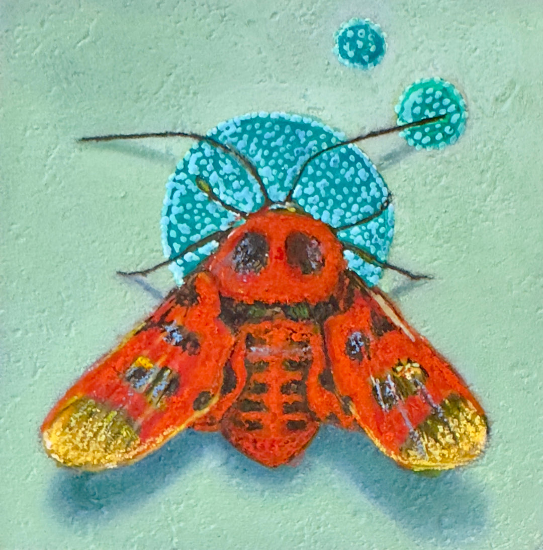Moth 11, 4 x 4 in, Oil, Pastel, Enamel, Ink on Panel