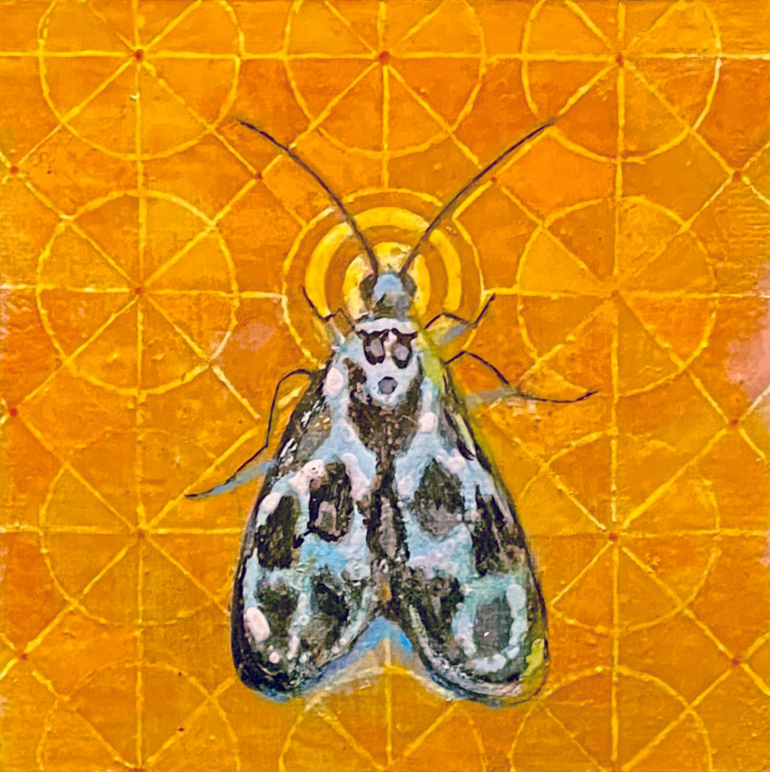 Moth 4, 4 x 4 in, Oil, Pastel, Enamel, Ink on Panel