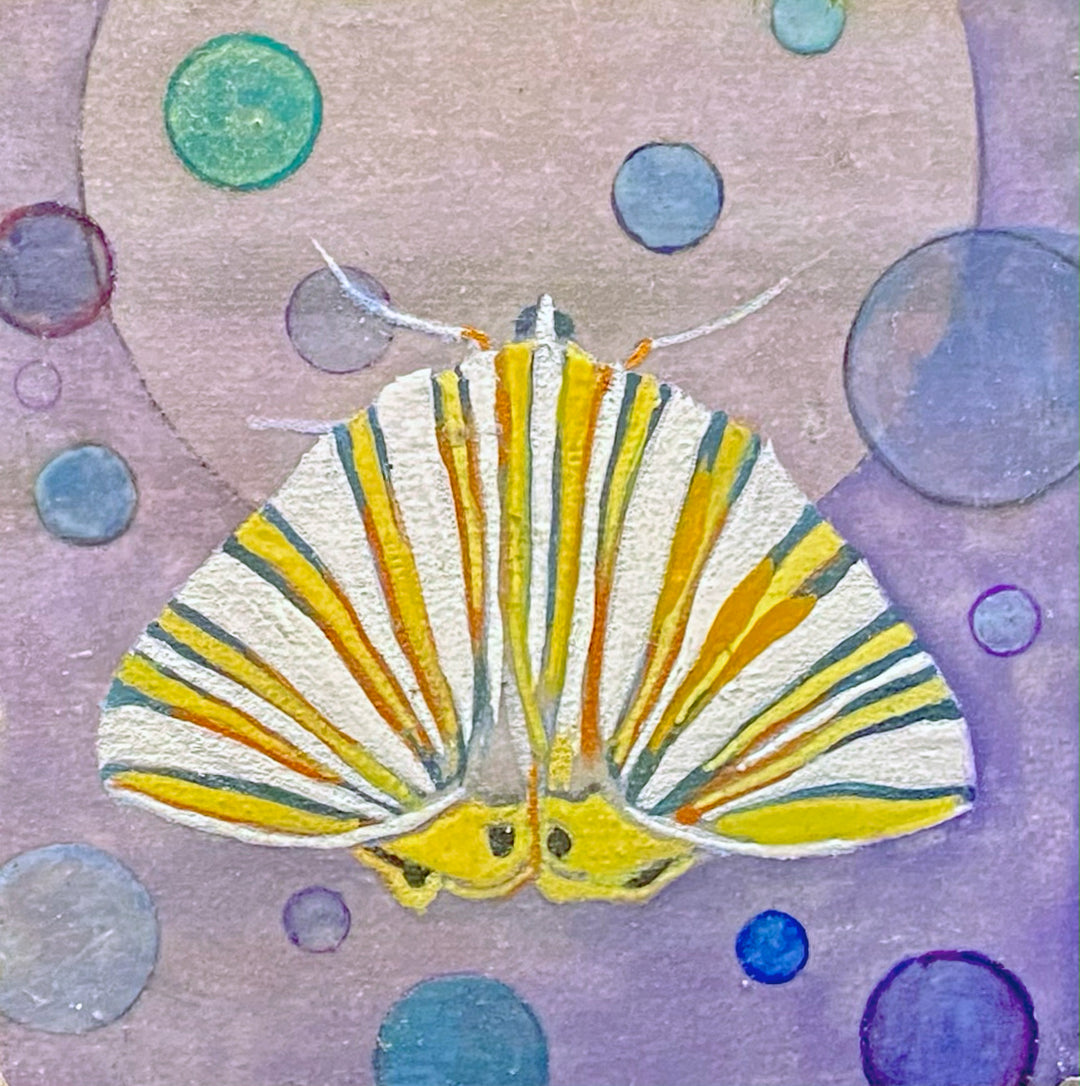 Moth 8, 4 x 4 in, Oil, Pastel, Enamel, Ink on Panel