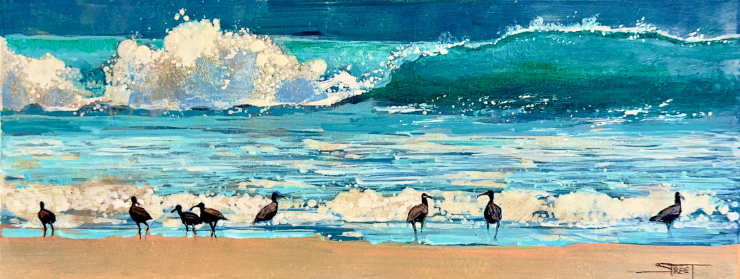 Beachfront Assembly, 4 x 10 in, Enamel and Ink on Copper