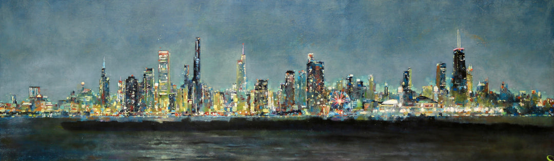 Night Skyline, 21 x 72 in, Oil on Panel