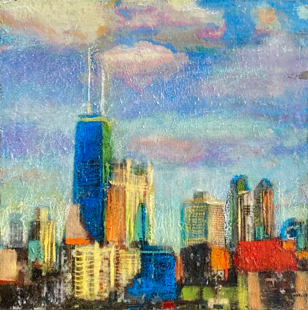 Skyline 13, 5 x 5, Oil, Pastel, Enamel, Ink on Panel