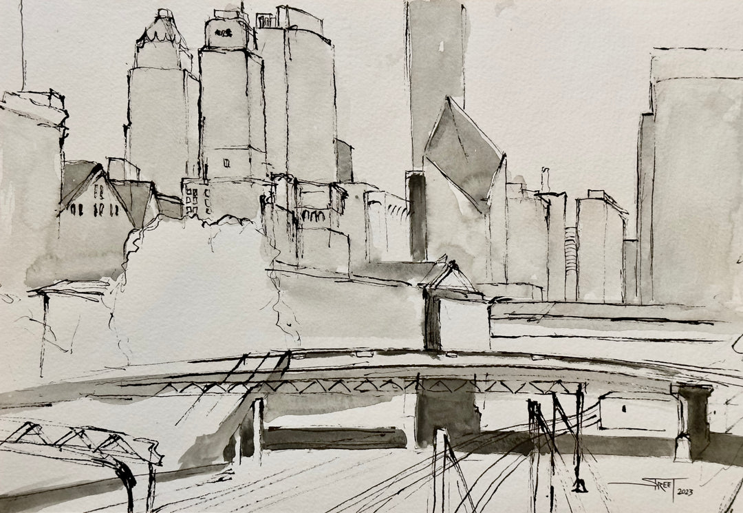 Tracks and Towers, 9.25 x 13.5 in, Graphite Wash and Ink on Paper, 2023
