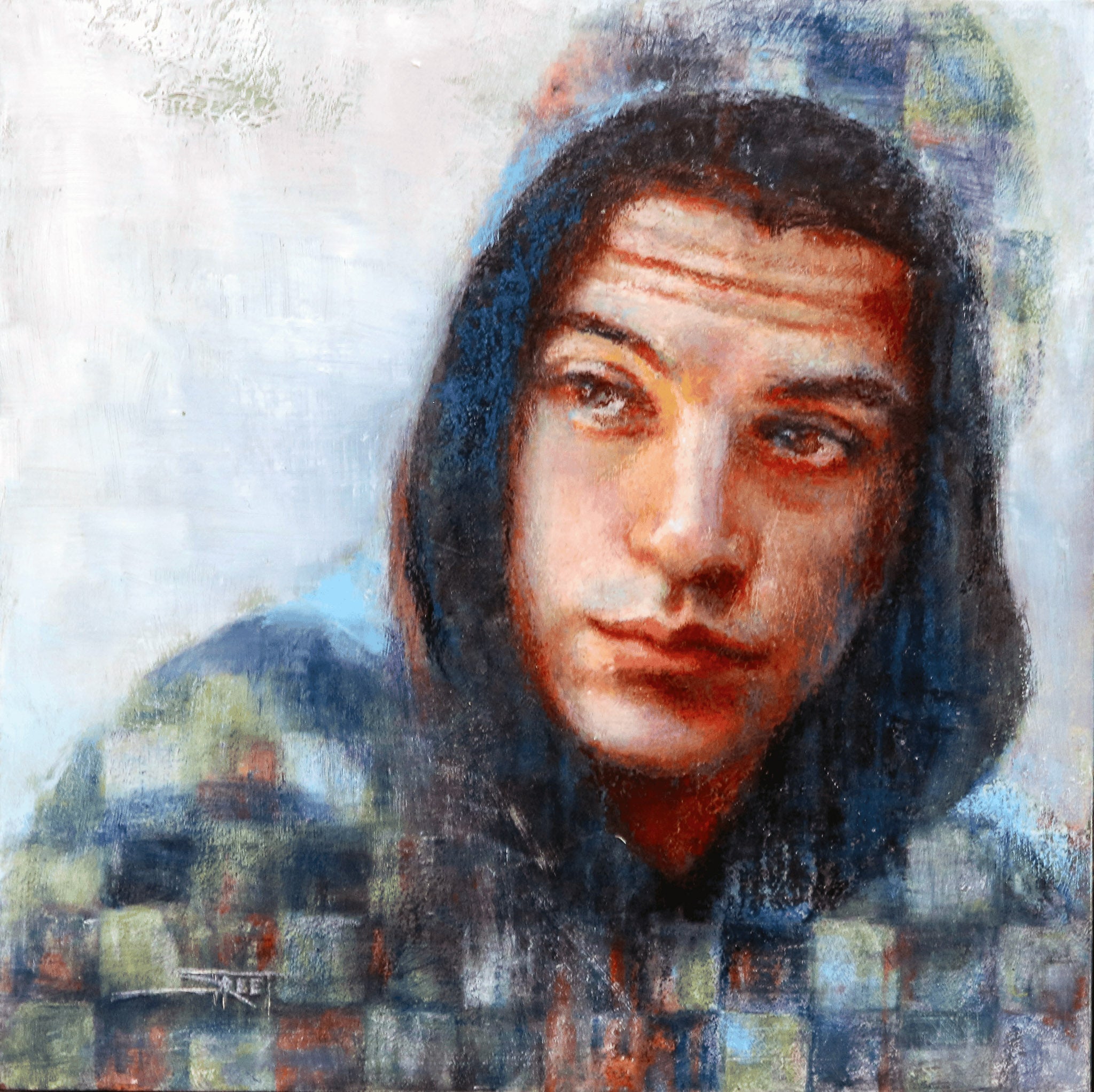 A figure portrait painting of a young man wearing a checkered hoodie