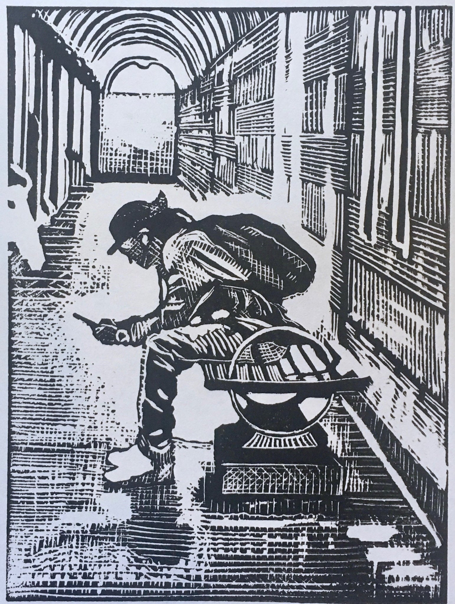 a black and white graphics featuring a figure in the train station sitting on a bench
