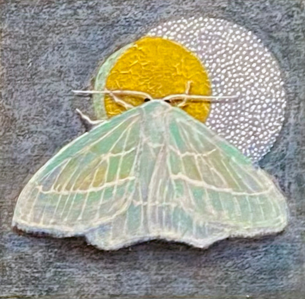 Moth 1, 4 x 4 in, Oil, Pastel, Enamel, Ink on Panel