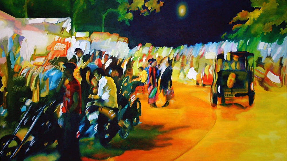 Painting of a lively street scene with vintage cars and people at night.