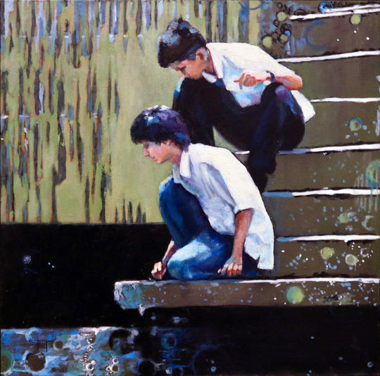 River Boys,  12 x 12 in, Oil on Panel
